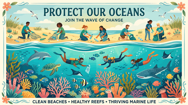 Environmental illustration of volunteers cleaning beach and divers protecting coral reef marine life.
