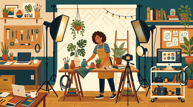 Female artist working in professional photography studio with lighting equipment and plants.