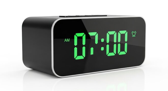 A sleek black digital alarm clock displays 700 AM in green on a white background