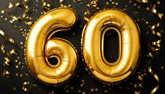 60 years old. Gold balloons number 60th anniversary, happy birthday congratulations. 3d rendering