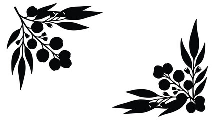 Set of two decorative corner eucalyptus branch arrangements with round fruits and leaves black silhouettes for invitation card wedding design. © MST DESIGN