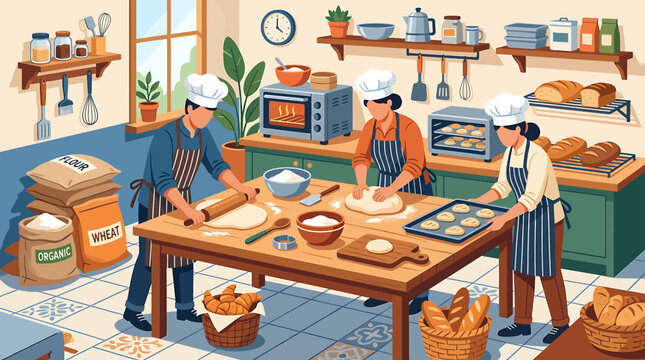 Professional bakers working in a commercial kitchen preparing fresh bread and pastries.