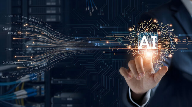 AI machine learning concept with businessman touching artificial intelligence brain icon, digital circuit board, binary coding data stream and futuristic innovation