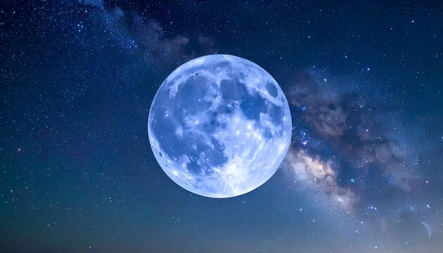 Glowing blue moon with visible craters set against a starry night sky and the Milky Way galaxy, cosmic, astronomical, celestial