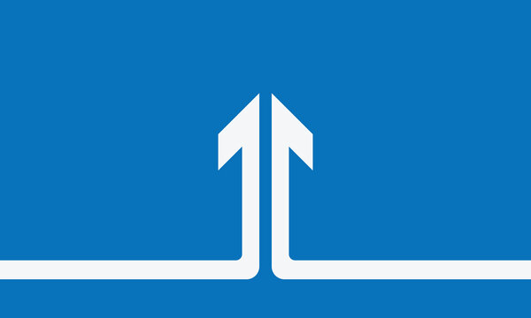 Two white half arrows coming together and merging, forming a single arrow on a background. EPS 10 . vector Illustration . 