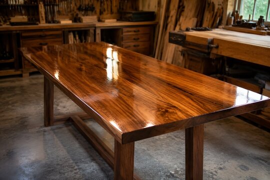 A beautifully crafted wooden table with a smooth, reflective varnished surface.