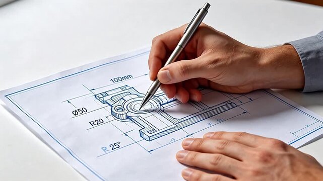 Person drawing technical blueprint