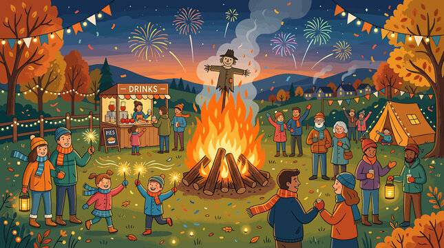 Guy Fawkes Night Celebration with Large Bonfire Fireworks and People in Autumn Park.