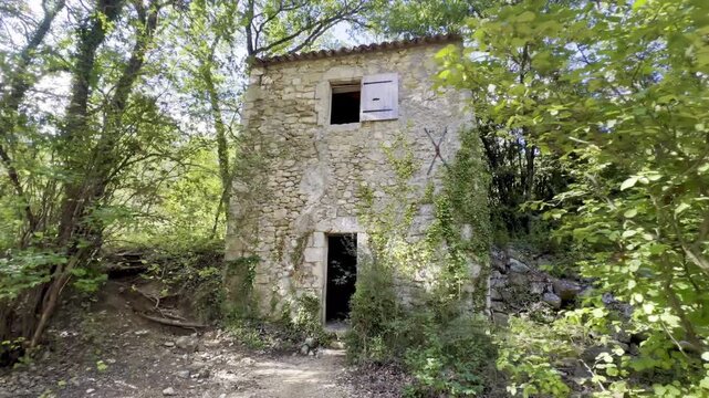 Abandoned old stone house in ruins surrounded by green woodland