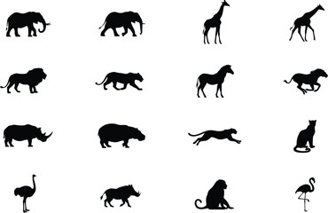 Silhouette wild animals collection featuring African safari wildlife including elephant lion giraffe rhino horse monkey flamingo and running predator poses © MdAjijul