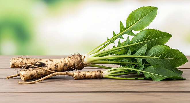Fresh burdock root with green leaves on wooden table.
