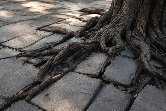 Gnarled tree roots breaking through cracks in gray paving stones.