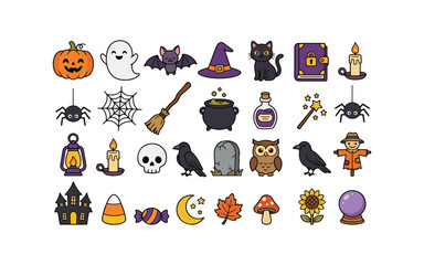 Fototapeta premium Halloween black cat stickers cute cartoon cats in spooky scenes for halloween decorations and party supplies
