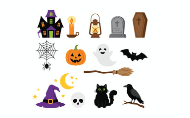 Fototapeta premium Halloween icons and symbols for kids and adults spooky and cute illustrations