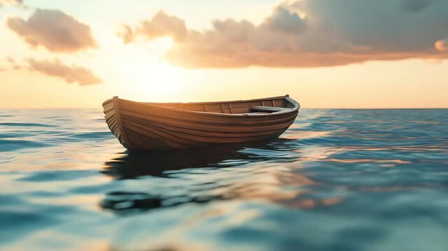 Small wooden boat floating on calm ocean at sunset