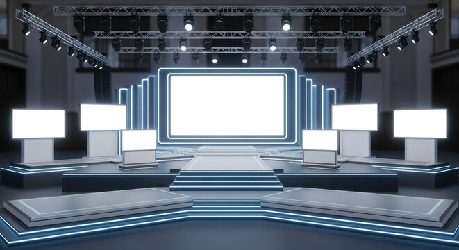 A futuristic stage setup with a large blank screen and multiple smaller screens on either side, all with blue neon outlines