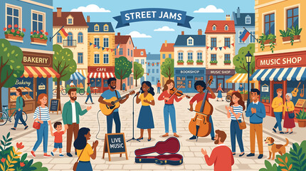 Street musicians performing live music for a crowd in a colorful European city square illustration. © Tini