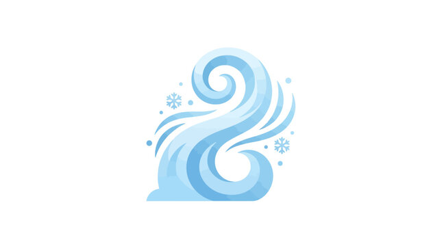 Stylized blue wind gust illustration with swirling air currents and floating snowflakes.