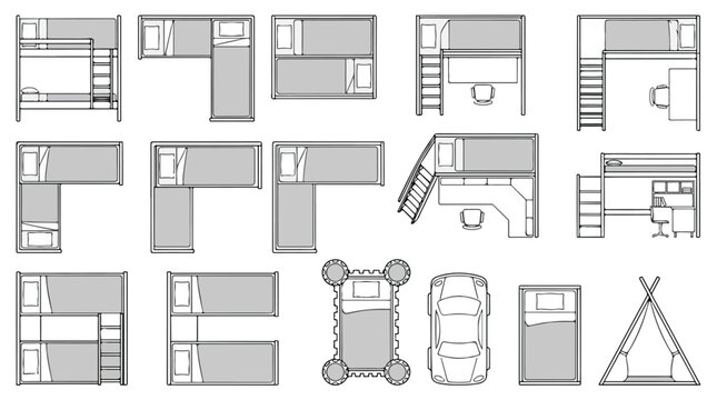 Modern bunk bed floor plan icons, 15 architectural furniture symbols for bedroom layout, top view loft bed and workstation vector set