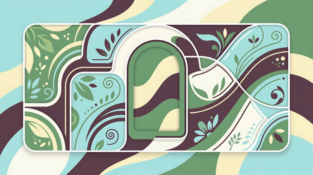 Abstract floral pattern with organic wavy lines and botanical elements in green and blue tones.