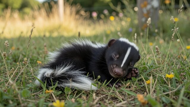 A baby striped skunk rests peacefully in a lush green meadow filled with yellow wildflowers while the small creature curls its furry tail around its body during the warm afternoon summer sunlight