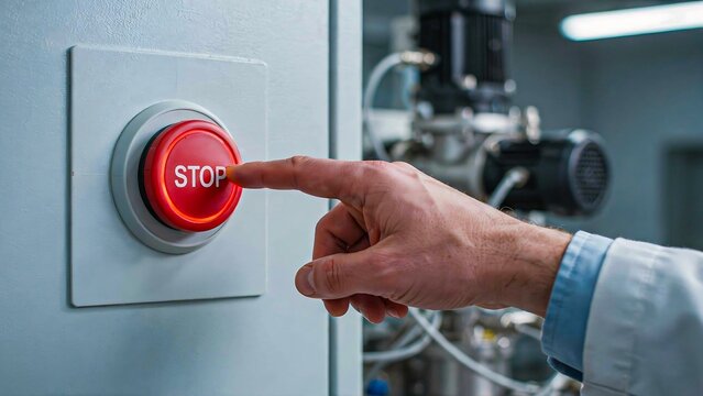 Hand pressing emergency stop button for industrial workplace safety control