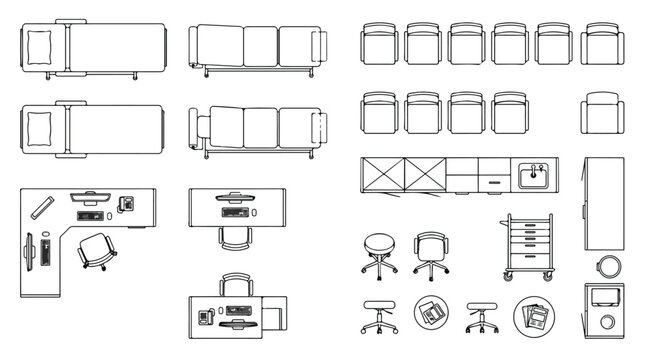 Architectural floor plan symbols for office and medical clinic interiors, top view furniture vector set, technical cad drawing elements