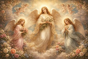 Fototapeta premium Heavenly angels amidst floral beauty.
