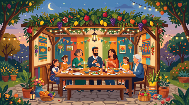 Jewish family celebrating Sukkot holiday dinner together in a decorated outdoor sukkah booth at night.