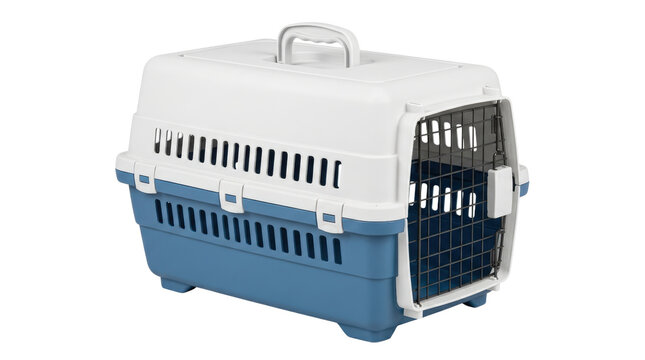 Blue and White Plastic Pet Carrier.