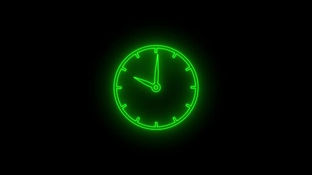 Green neon clock face displays time motion glowing outline on black background.
