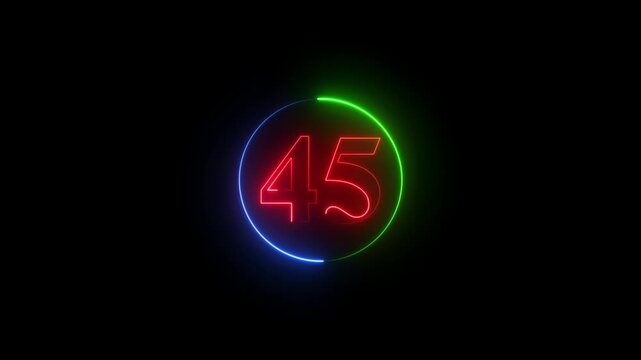 Neon circle countdown timer with glowing red forty five number on black background.