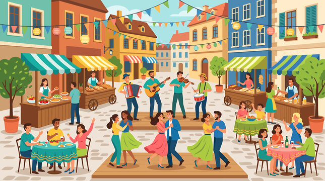 Vibrant European town square festival with people dancing and musicians playing live music.