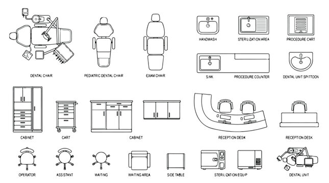 Dental clinic floor plan symbols, 21 medical equipment icons in top view, professional dentist office furniture vector set for architectural layouts