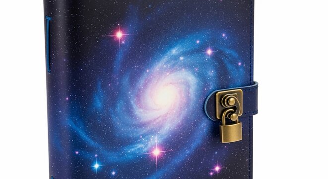 A close-up view of a leather diary with a celestial galaxy pattern and a vintage metal lock on a white background