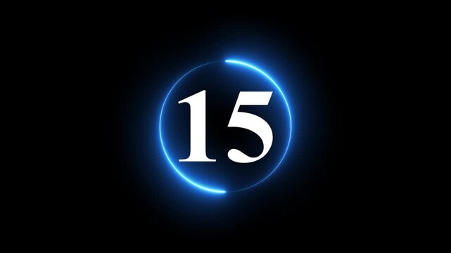 Countdown timer with glowing neon blue light circular frame on black background.