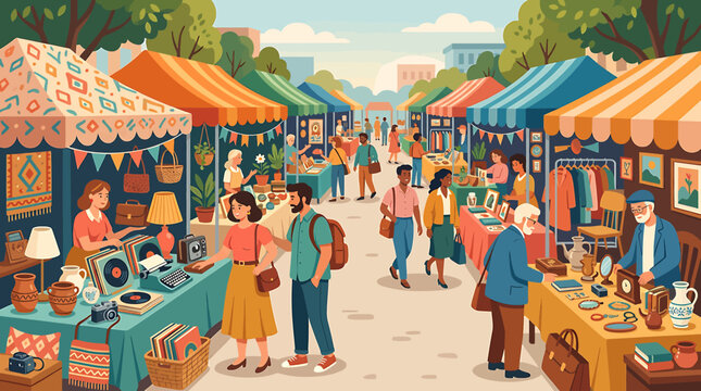 Vibrant outdoor flea market with people browsing vintage goods and colorful stalls in a sunny park.