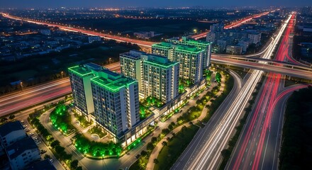 Naklejka premium Aerial view of modern buildings with green roofs near highway at dusk