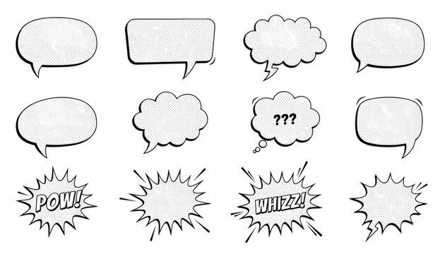 Retro comic book halftone speech bubbles and action cloud frames with dramatic star bursts on white background.