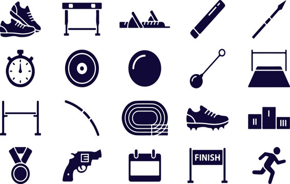 Athletics and track and field sports equipment silhouette icons set