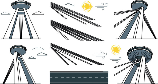 Bratislava UFO Bridge Tower Vector Icon Set with Cable Stayed Bridge Suspension Cables Sun Clouds and Road for Slovakia Travel Landmarks