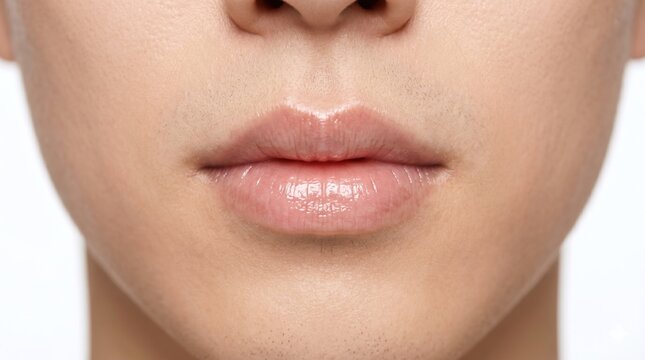 Close up front view of plump hydrated male lips with glossy shiny lip balm coating.