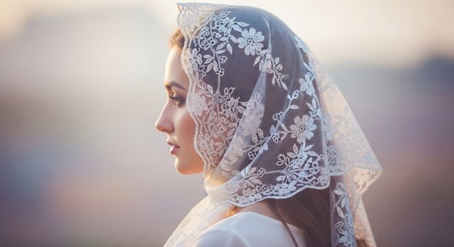 Elegant side profile portrait of a graceful woman wearing a delicate white lace mantilla veil in ethereal soft outdoor lighting