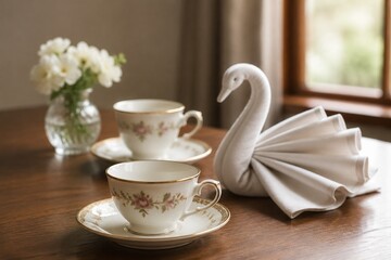 Fototapeta premium Elegantly arranged fine bone china teacups on a wooden table with a linen napkin.
