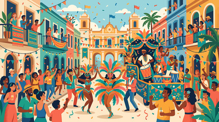 Vibrant Brazilian Carnival Street Parade Illustration with Dancers and Musicians in Historic City Square. © Akun
