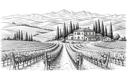 ​Vintage vineyard landscape vector sketch with minimalist Tuscan winery estate stone villa farmhouse cypress trees and grapevine rows engraving design isolated on white background © MdAtaur