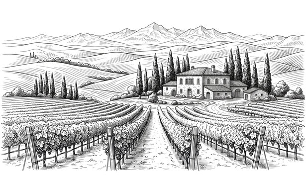​Vintage vineyard landscape vector sketch with minimalist Tuscan winery estate stone villa farmhouse cypress trees and grapevine rows engraving design isolated on white background