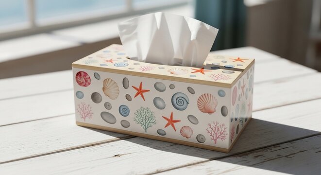 Decorative tissue box with a seashell pattern, perfect for adding a coastal touch to any room