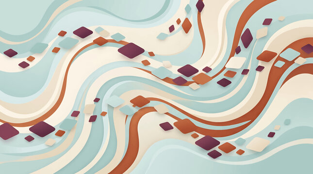 Abstract flowing wave background with geometric diamond shapes in pastel teal and earthy brown tones.