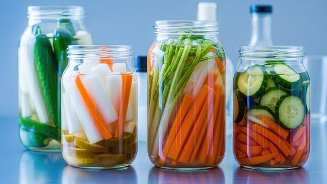 Preserved Vegetables in Glass Jars Ready for Storage